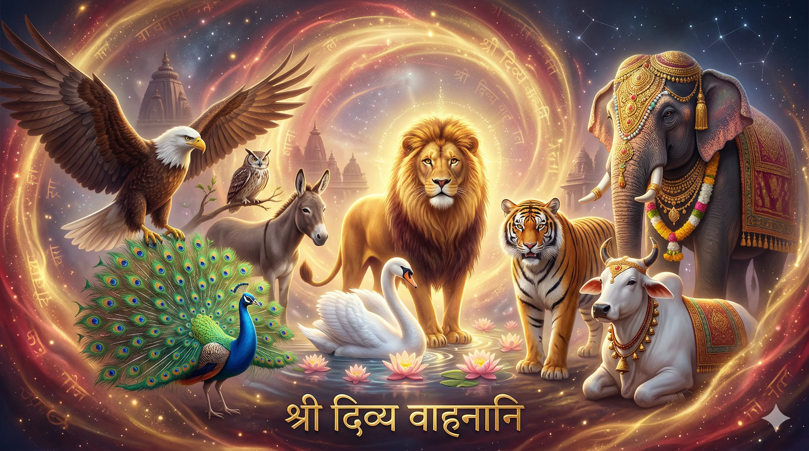 Divine vehicles of Hindu deities including the Lion of Durga, Swan of Saraswati, and Owl of Lakshmi representing spiritual symbolism.