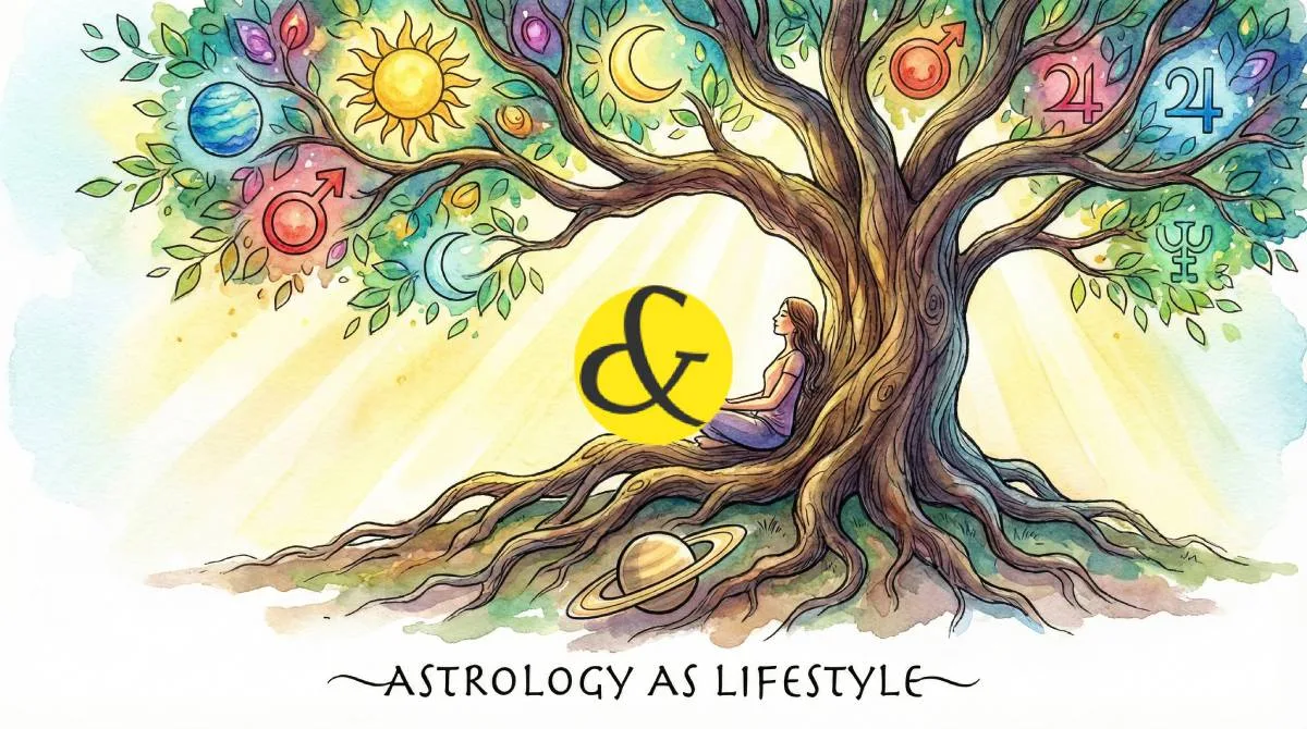 A person meditating under a tree with planetary symbols representing balanced life.