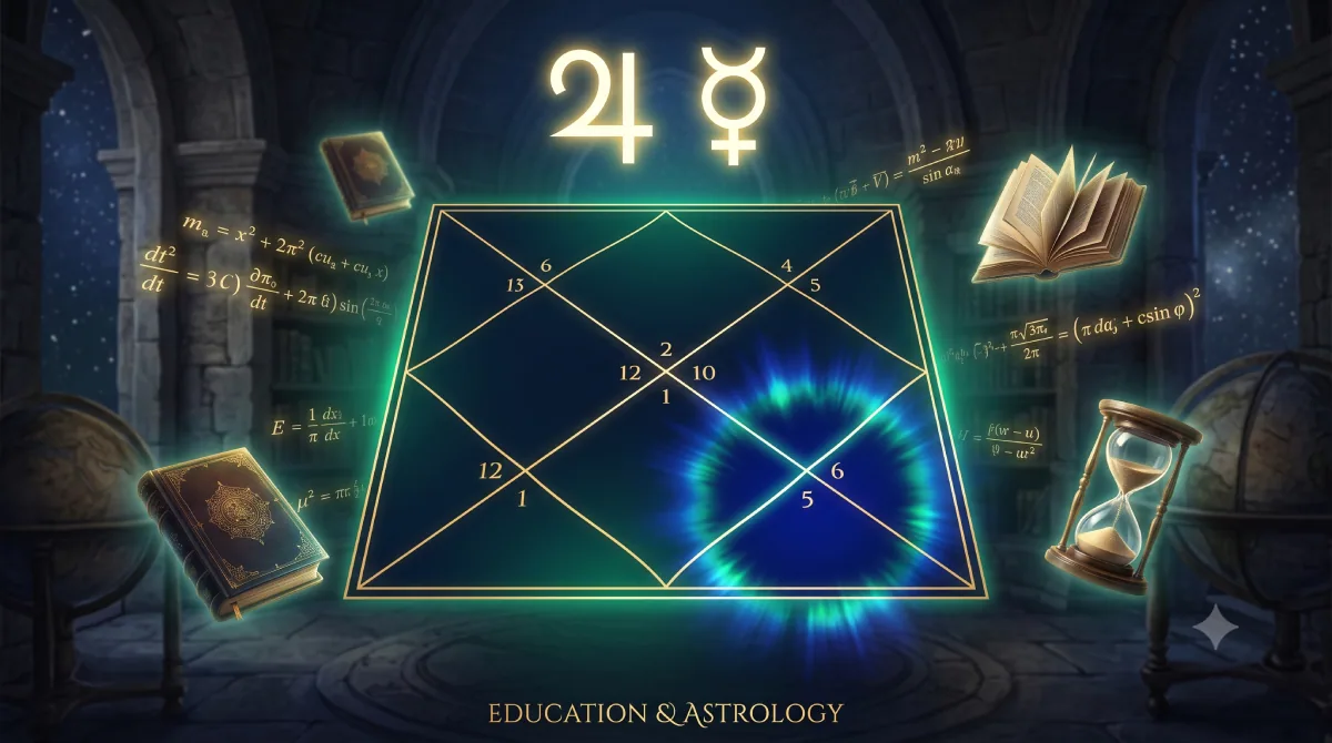 | A glowing Vedic astrological birth chart focusing on the   |