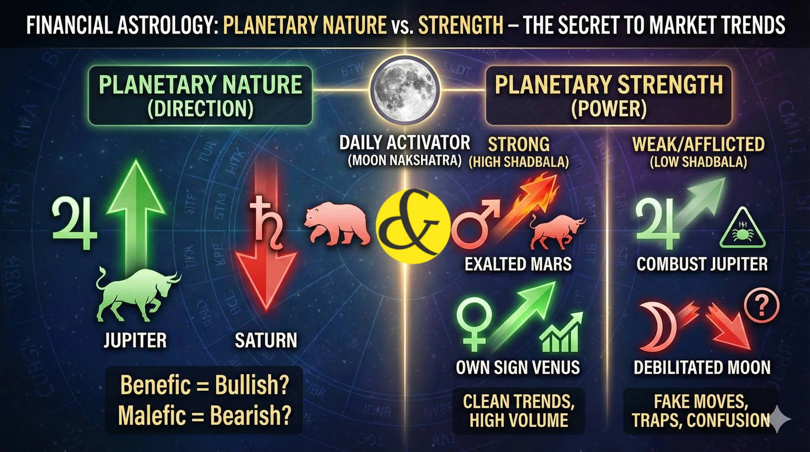 A comparative financial astrology diagram showing a "Strong Jupiter" leading to a green graph arrow and a "Weak/Combust Jupiter" leading to a red 'trap' arrow.