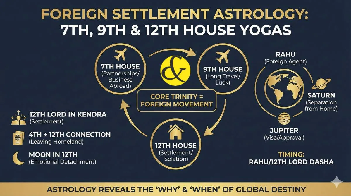 A Vedic birth chart highlighting the 9th and 12th houses with an airplane icon path connecting them, symbolizing foreign travel astrology.
