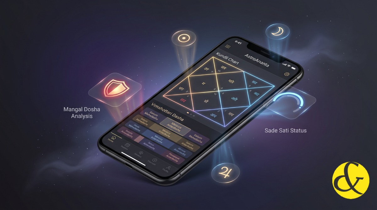 | A glowing, interactive digital Vedic Kundli interface      |