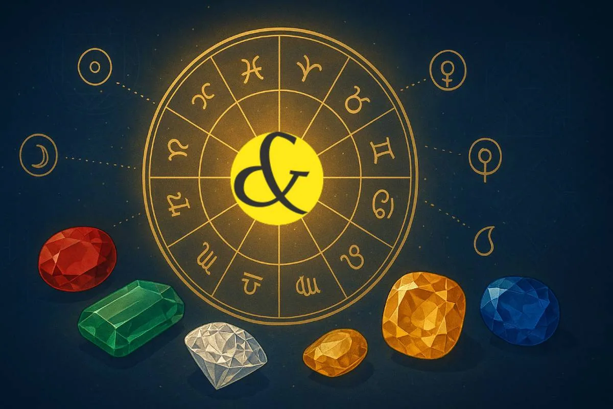 A digital illustration of Vedic astrology services showing various gemstones (Ruby, Emerald, Sapphire), a Prana Pratistha puja setup with flowers and mantras, and an astrological birth chart background representing AstroAnanta remedies.