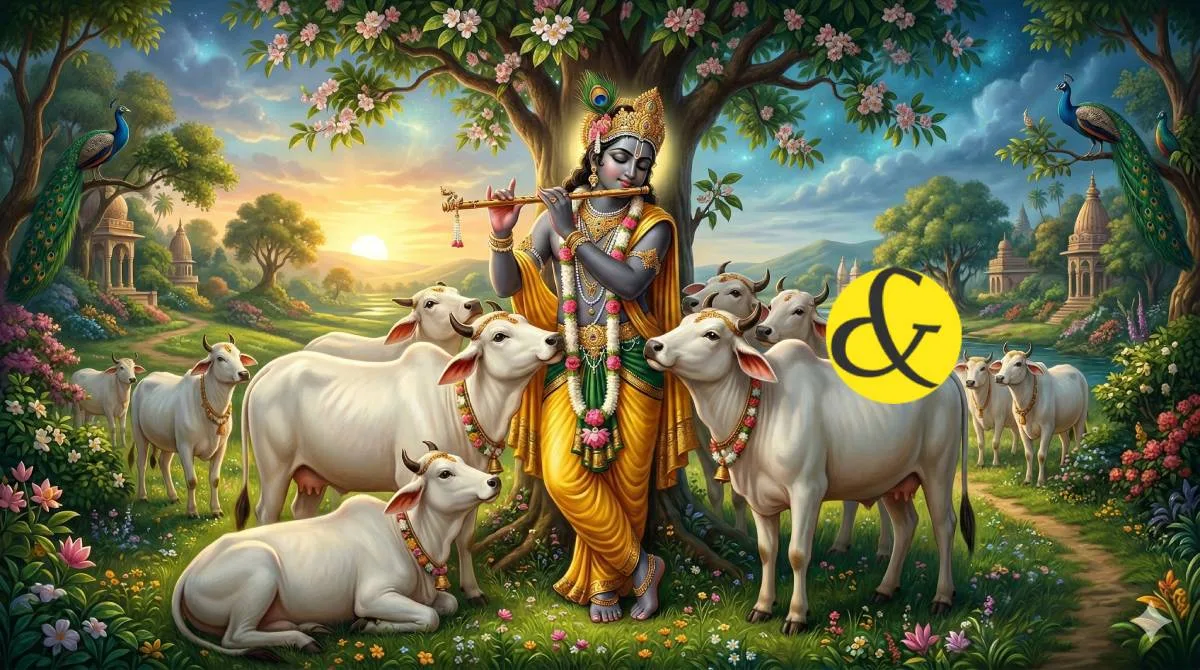 Lord Krishna with cows representing the Govind form on Govind Dwadashi.