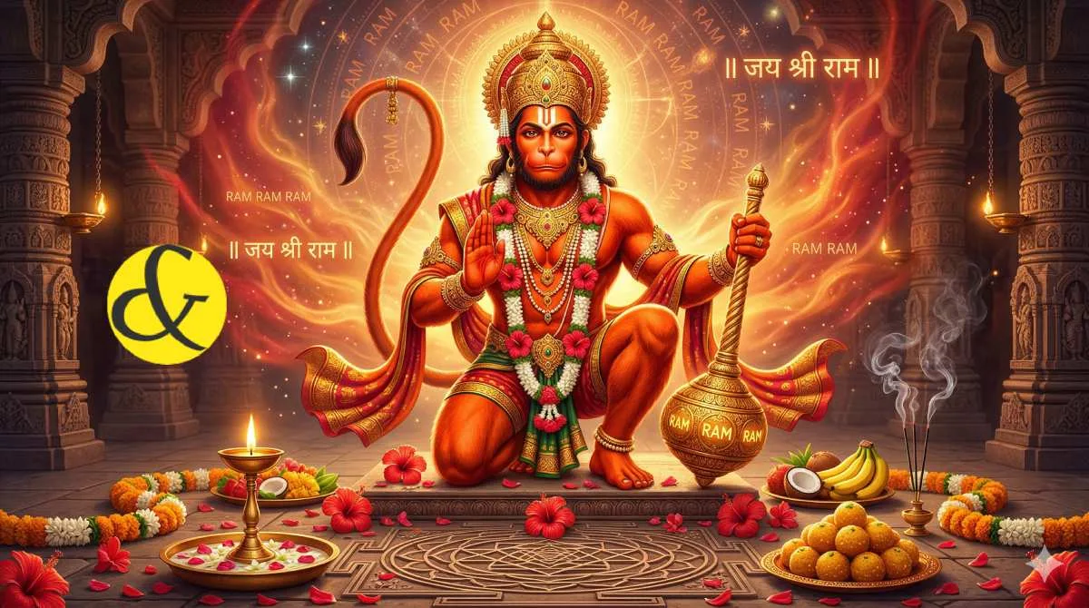 Majestic illustration of Lord Hanuman with traditional offerings for Hanuman Jayanti Puja on 2 April 2026.
