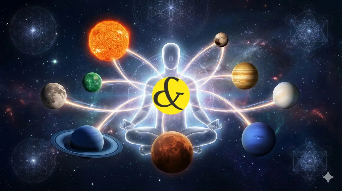 A spiritual illustration showing nine colorful glowing orbs representing the Navagraha (Planets) surrounding a meditating human silhouette, symbolizing the strengthening of planetary energy through karma and meditation.