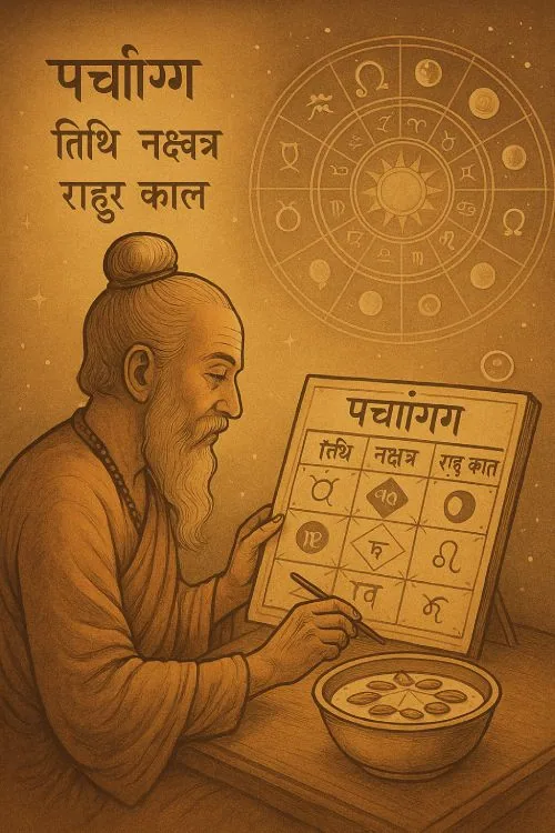 An astrologer studying a Panchang calendar with zodiac signs and planetary symbols, representing the importance of Tithi, Nakshatra, and Rahu Kaal in astrology