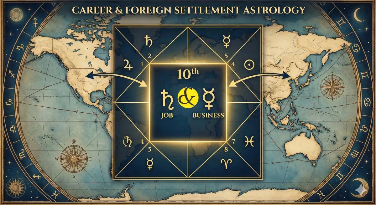 An astrological birth chart (Kundli) highlighting the 10th House of career, showing symbols for Saturn (Job) and Mercury (Business) with a background of a world map indicating foreign settlement.