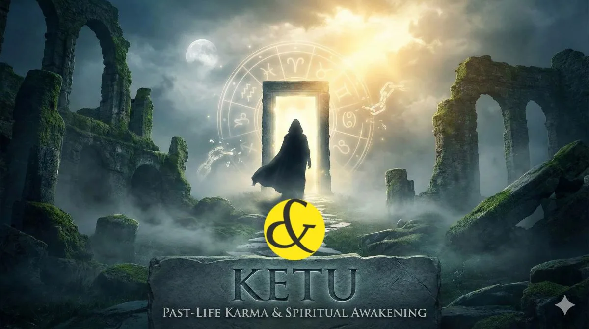 A mystical illustration showing a silhouette of a person meditating with a shadow planet (Ketu) behind them, symbolizing past-life memories and spiritual awakening.