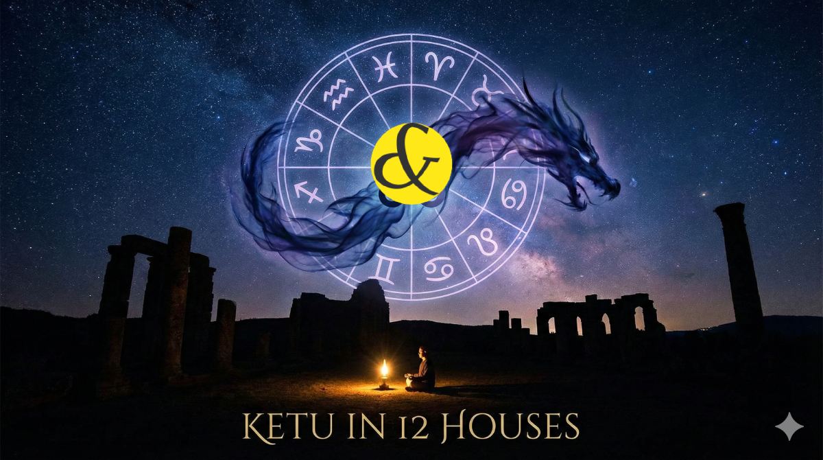 An astrological diagram showing the 12 houses of a horoscope with the symbol of Ketu placed in the 12th house, radiating spiritual light and detachment.
