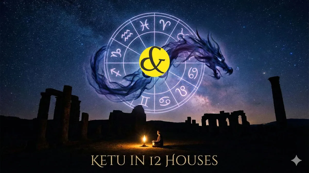 An astrological diagram showing the 12 houses of a horoscope with the symbol of Ketu placed in the 12th house, radiating spiritual light and detachment.