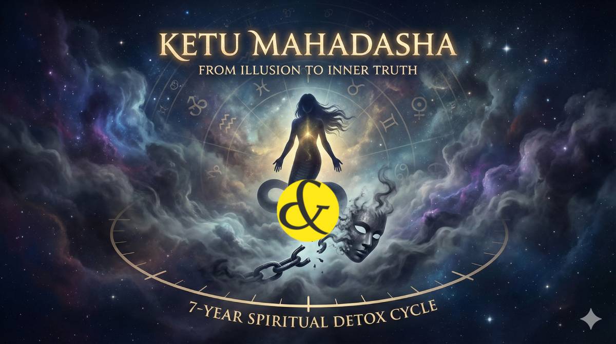 An astrological illustration of a silhouette meditating in a cosmic void, representing the detachment and spiritual depth of Ketu Mahadasha.