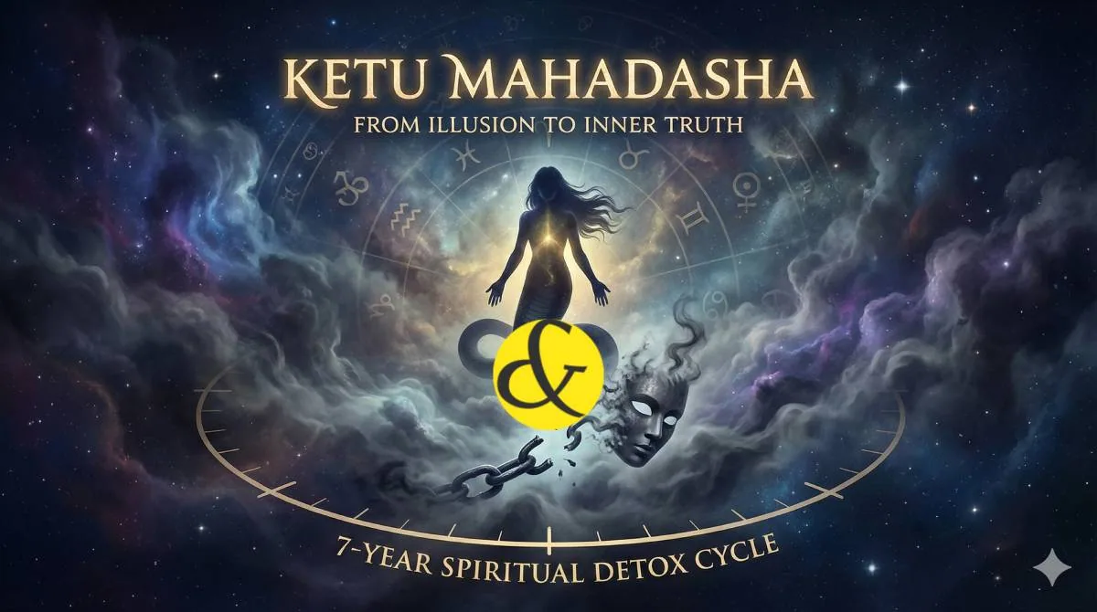 An astrological illustration of a silhouette meditating in a cosmic void, representing the detachment and spiritual depth of Ketu Mahadasha.