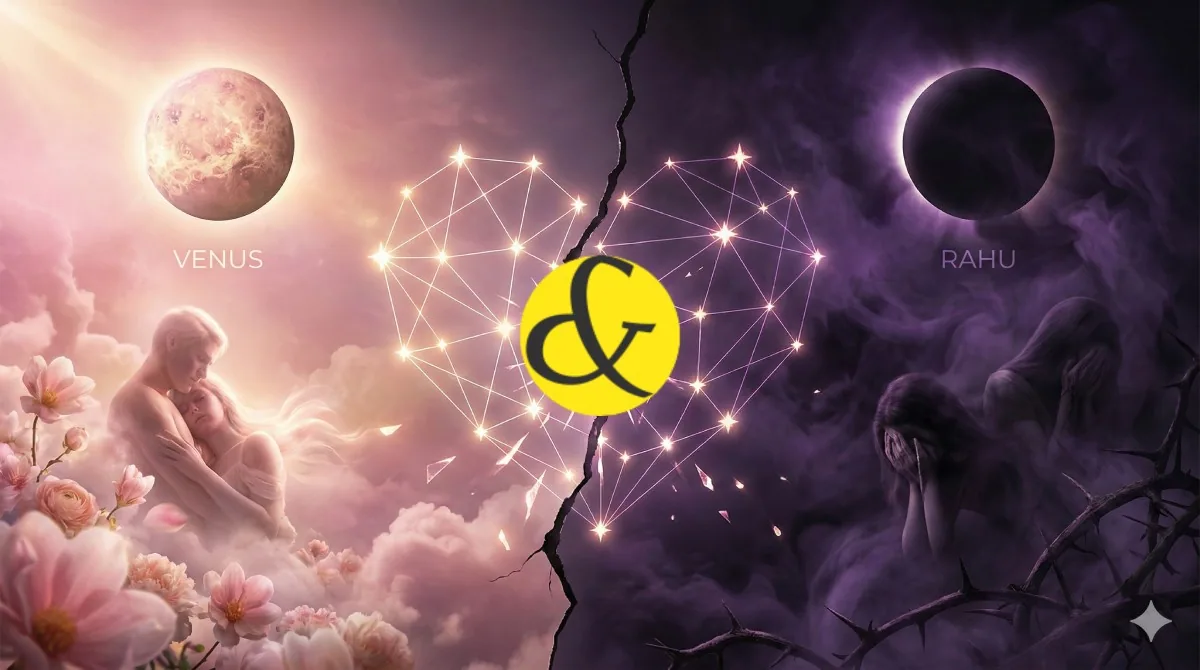 A surreal astrological concept art showing a beautiful woman (Venus) looking into a mirror, but the reflection shows a shadowy, smoky figure (Rahu), symbolizing deception in love. The background features deep purple and neon pink nebula clouds.