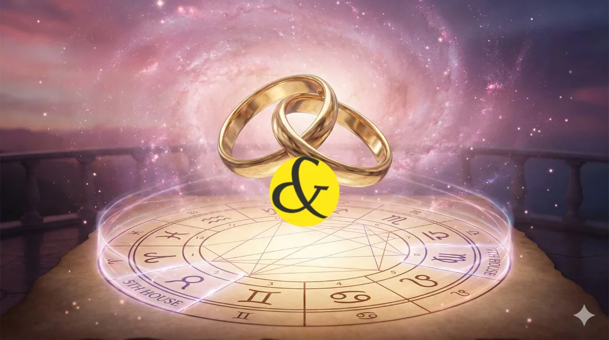 A romantic yet mystical illustration of two golden wedding rings interlaced, floating over a glowing pink and purple astrological chart. The 5th and 7th houses are highlighted with energy beams connecting them, symbolizing the union of love and marriage.
