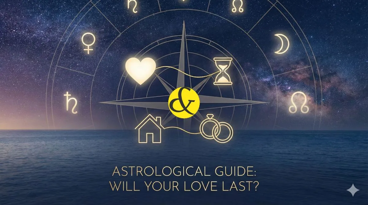 An astrological checklist graphic showing icons for "Heart" (Venus), "Time" (Saturn), "Family" (4th House), and "Karma" (Nodes), representing the pillars of relationship stability.