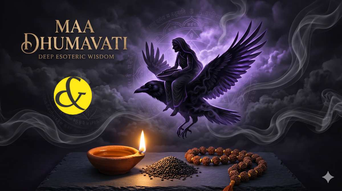 | A mystical depiction of Goddess Dhumavati riding a crow    |