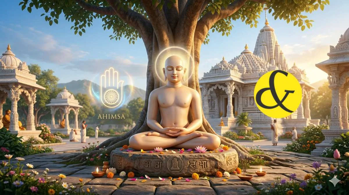 Serene illustration of Lord Mahavir in deep meditation representing the peaceful festival of Mahavir Jayanti on 31 March 2026.