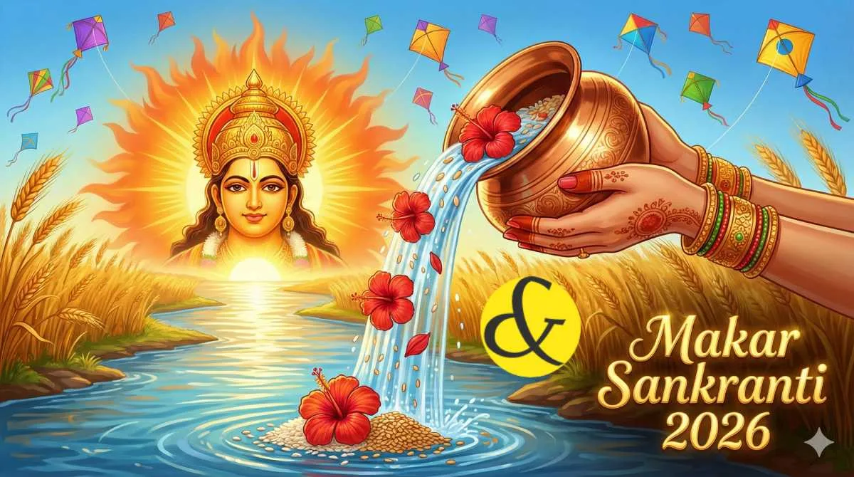 Devotee offering Arghya to Sun God on Makar Sankranti with Til and Jaggery.