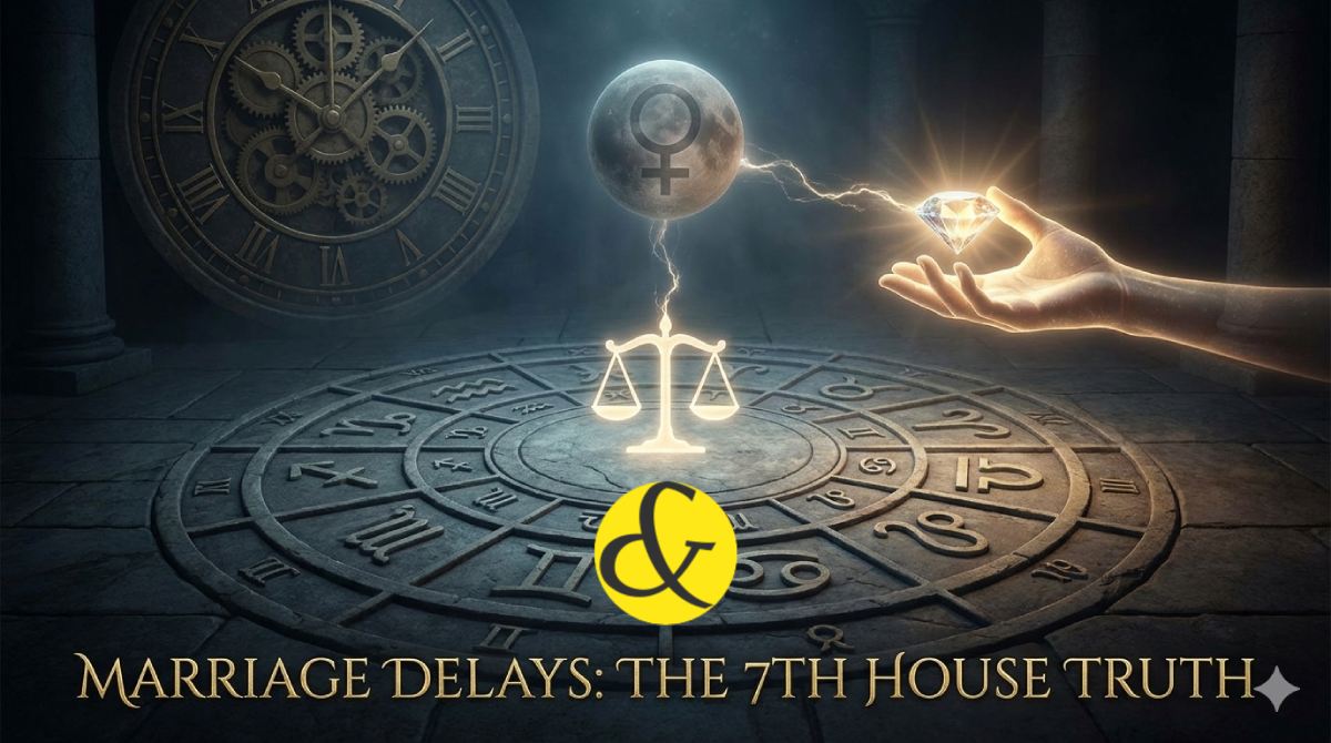 An astrological chart diagram highlighting the 7th House with a "Low Battery" icon symbol, representing a weak 7th Lord causing marriage delays.