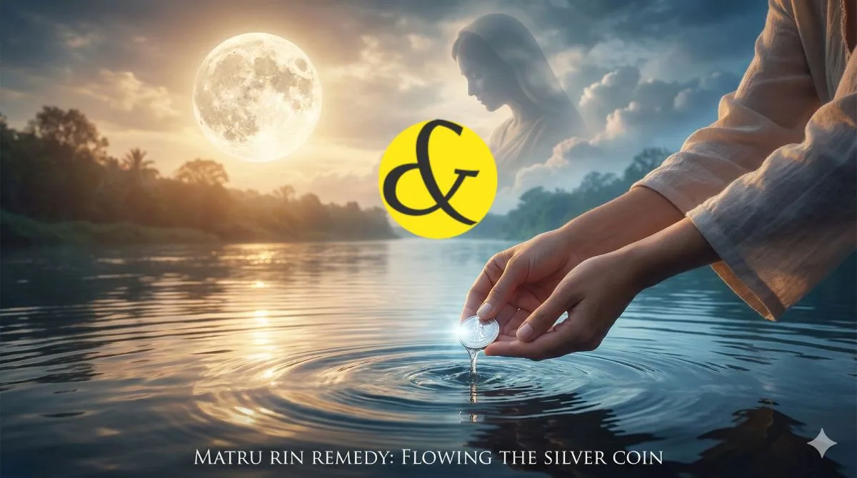 An artistic illustration representing Matru Rin: A silhouette of a mother figure embracing the moon, with a silver coin being offered into a flowing river, symbolizing karmic cleansing.