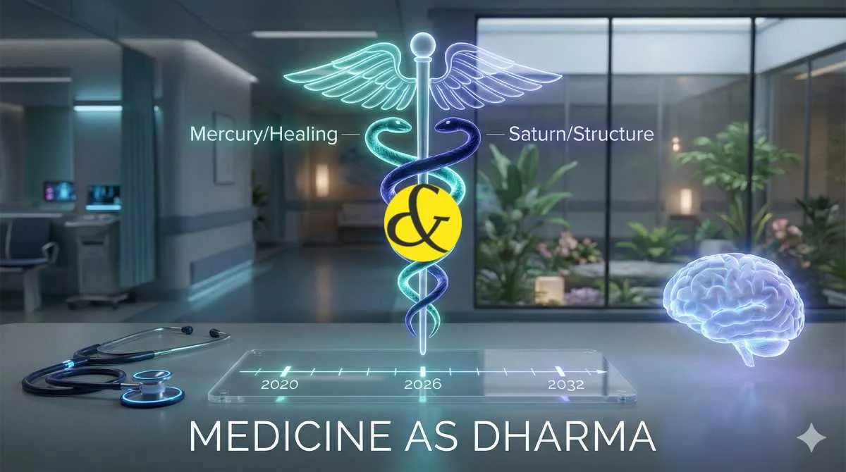 Astrological timeline showing the evolution of medical fields from 2020 to 2032.