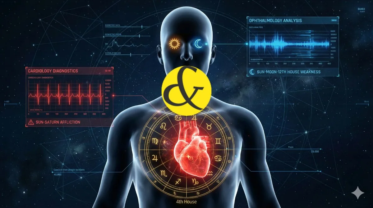 A futuristic medical visualization showing a human silhouette. The chest area glows red with a 4th House astrological chart overlay (Heart). The head area shows the eyes glowing blue with Sun and Moon symbols (Vision). Data panels on the side display plan