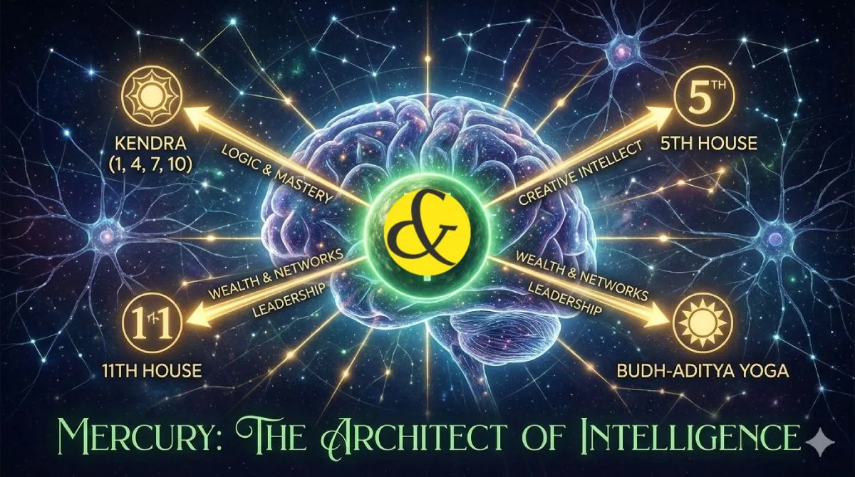 An astrological chart illustration highlighting Mercury's symbol in the 11th house, with a glowing green aura representing intelligence and financial gain.