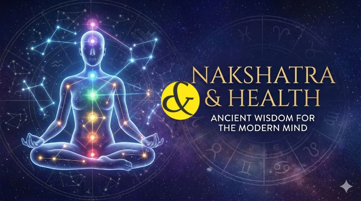 An infographic chart showing the human body with zodiac constellations (Nakshatras) overlaying specific organs, highlighting the connection between the stars and physical health.