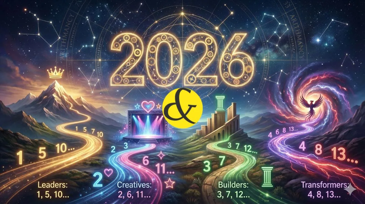 A cosmic numerology concept art for 2026 showing four distinct glowing paths leading to a golden year "2026", representing Leadership, Creativity, Building, and Transformation.