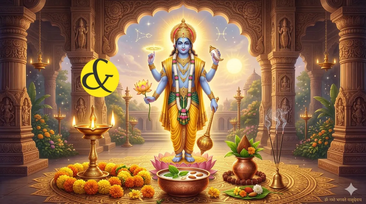 Divine illustration of Lord Vishnu with a glowing golden aura and traditional Puja offerings representing the Papmochani Ekadashi Vrat of 15 March 2026.