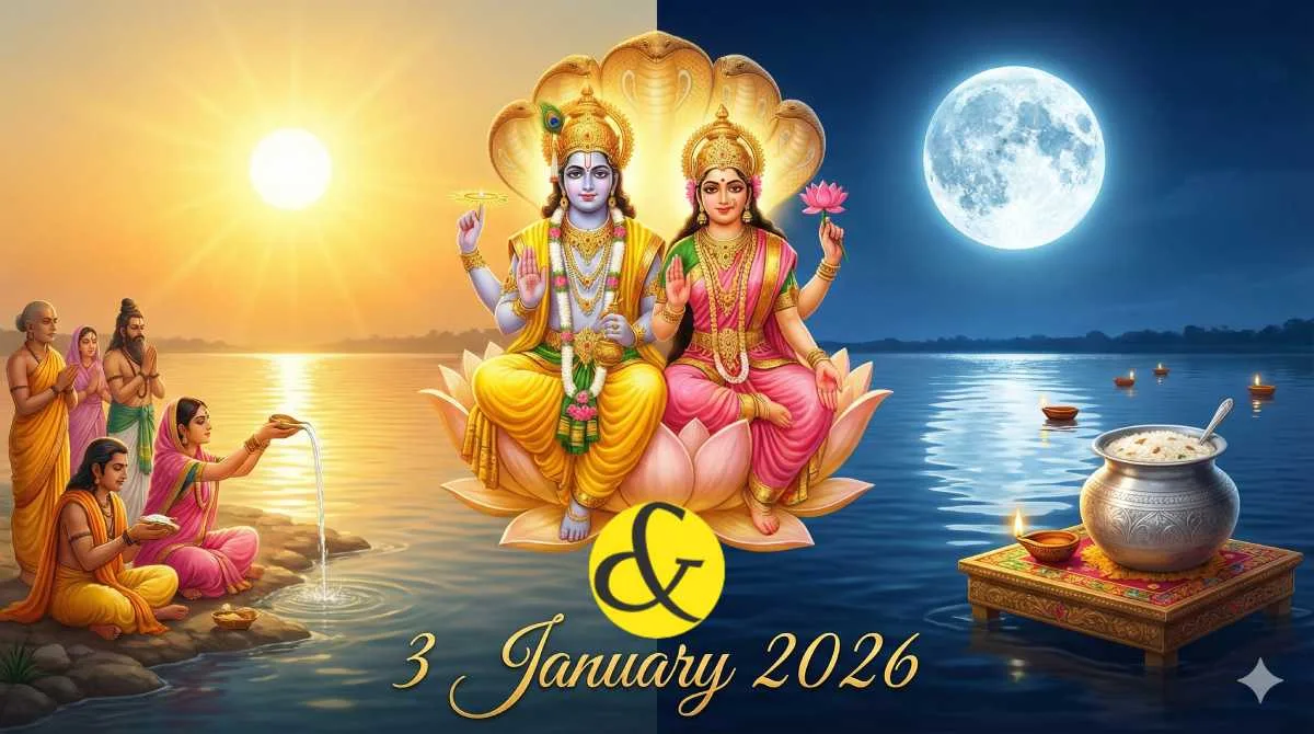 Devotees taking a holy dip and worshipping the Sun on Paush Purnima 2026.