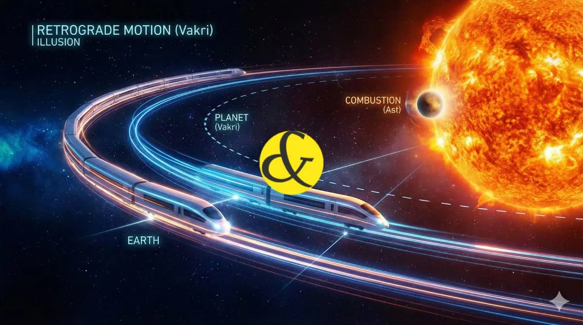 Diagram showing Retrograde motion and Combust planets near the Sun.