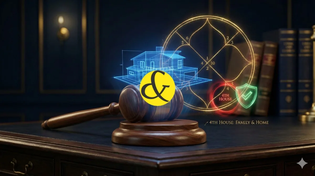 A conceptual illustration of a house blueprint resting on a judge's gavel. A zodiac wheel overlays the image, highlighting a "Red" warning zone in the 4th House (Dispute) and a "Green" success zone (Victory), symbolizing the astrological influence on prop