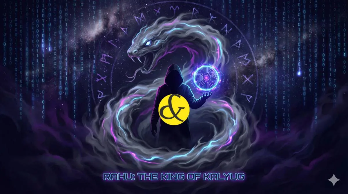 Artistic representation of Rahu as the master of smoke and digital illusion.
