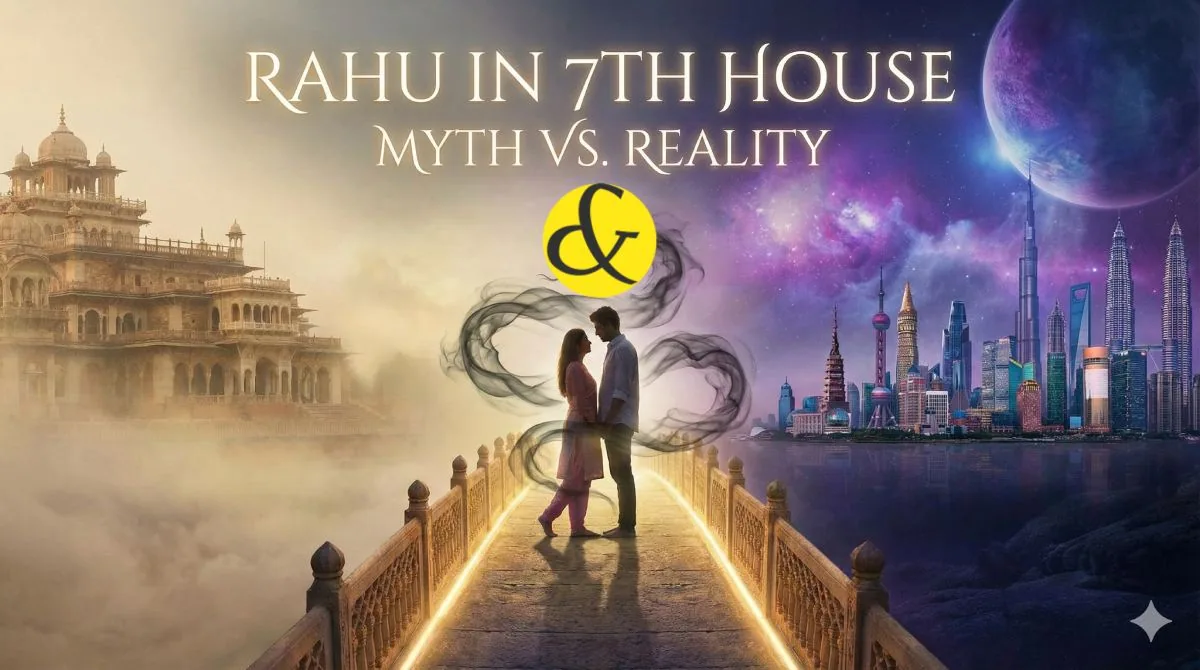 A split illustration showing a traditional wedding on one side and a modern, diverse couple standing on a globe on the other, symbolizing Rahu's unconventional nature in relationships.