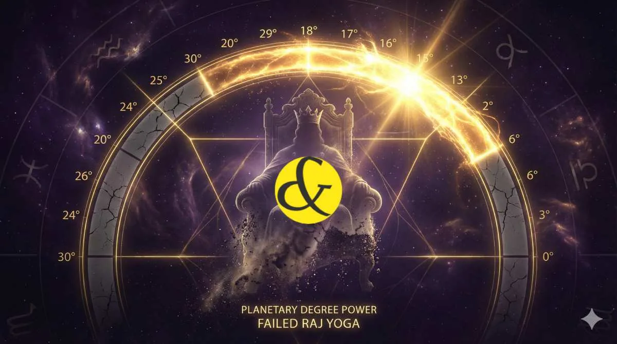 Astrological chart showing planetary degrees (0-30) and their strength (Avastha) for Raj Yoga analysis.