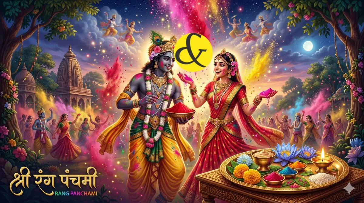 Lord Krishna and Radha Rani playing Holi with vibrant pink and red gulal falling from the sky, representing the divine festival of Rang Panchami.