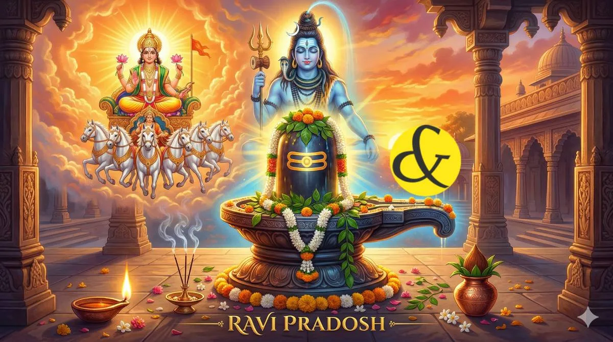 Shiva Lingam worship during Ravi Pradosh Vrat with glowing sun rays.