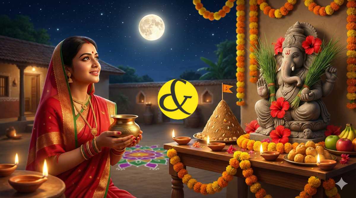 Woman offering Arghya to the Moon on Sakat Chauth with Til-Kuta offering.