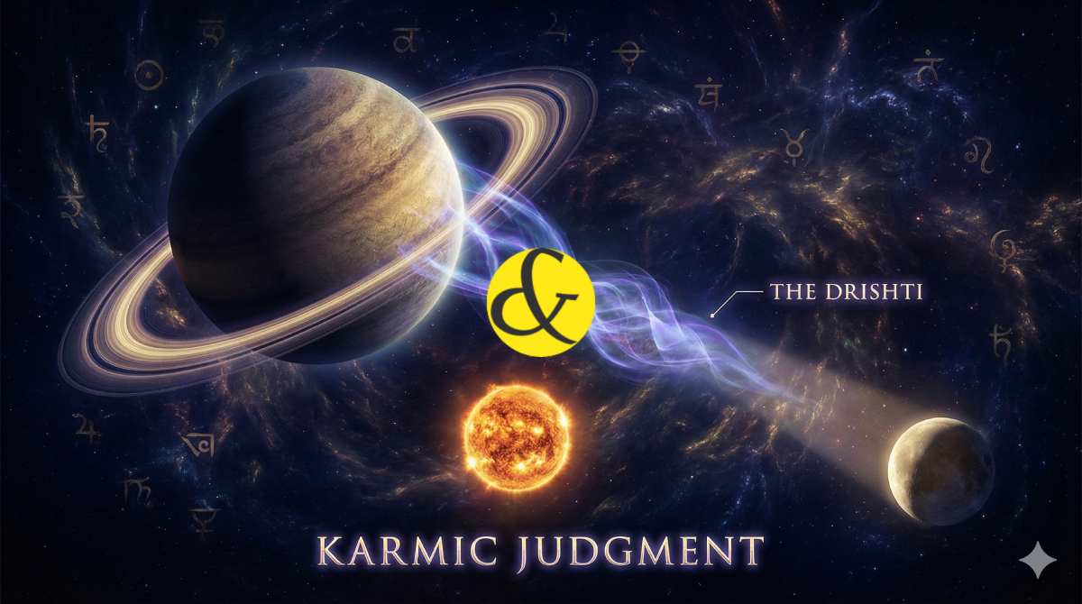 Illustration of Planet Saturn casting its gaze (Drishti) on other planets in the solar system.