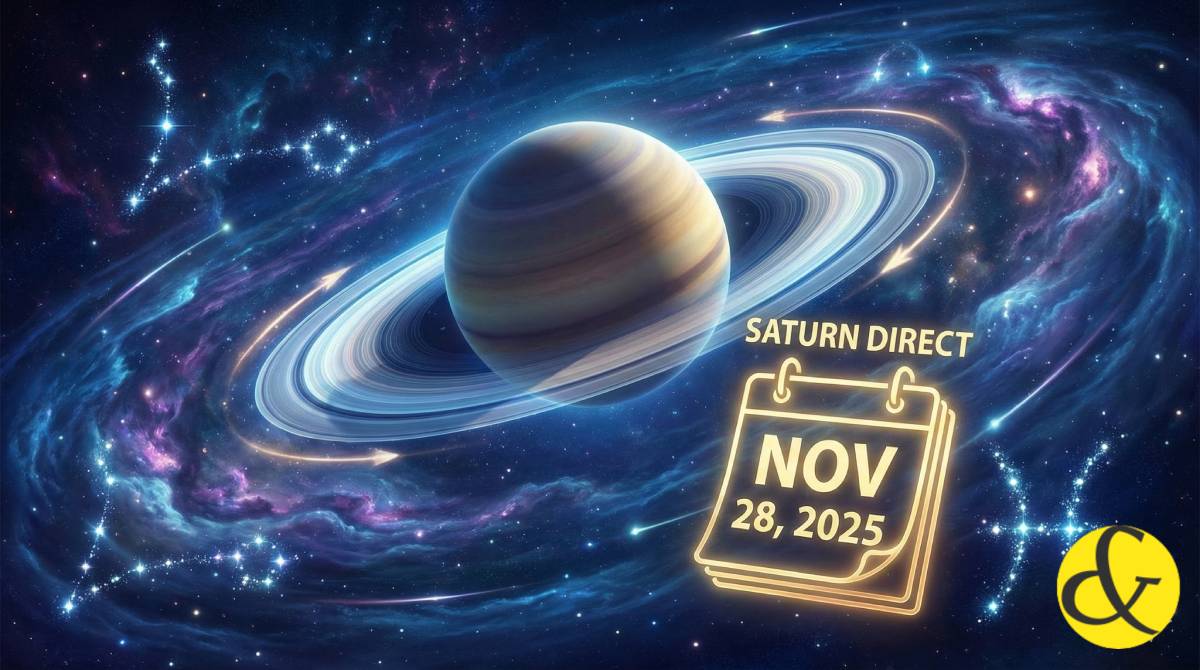 A visual representation of Saturn (with rings) turning forward in the cosmic ocean of Pisces, symbolizing the shift from retrograde to direct motion, with a calendar date of Nov 28, 2025.