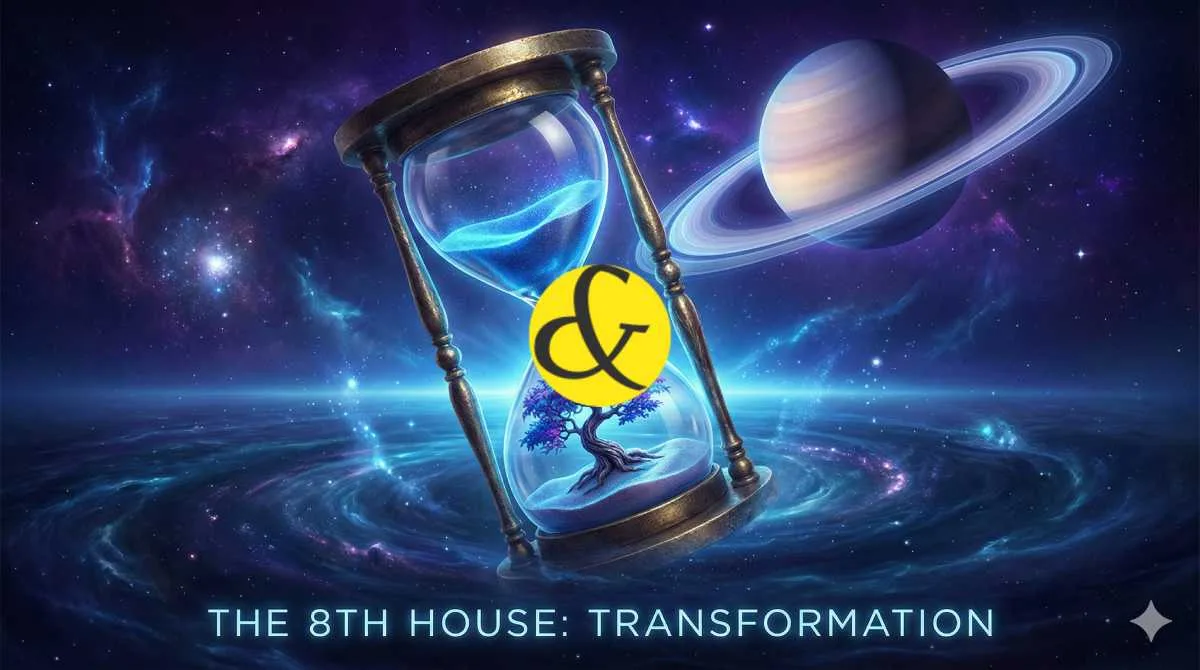 An hourglass symbolizing time and Saturn placed in the mysterious 8th house of a birth chart.