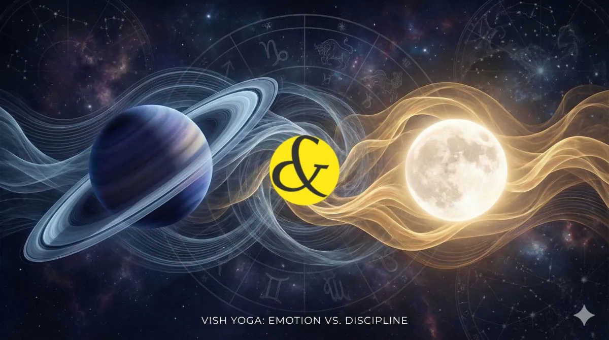 A conceptual astrological illustration showing the planet Saturn (with rings) and a glowing Moon merging energies, representing the Vish Yoga conflict between emotion and discipline.
