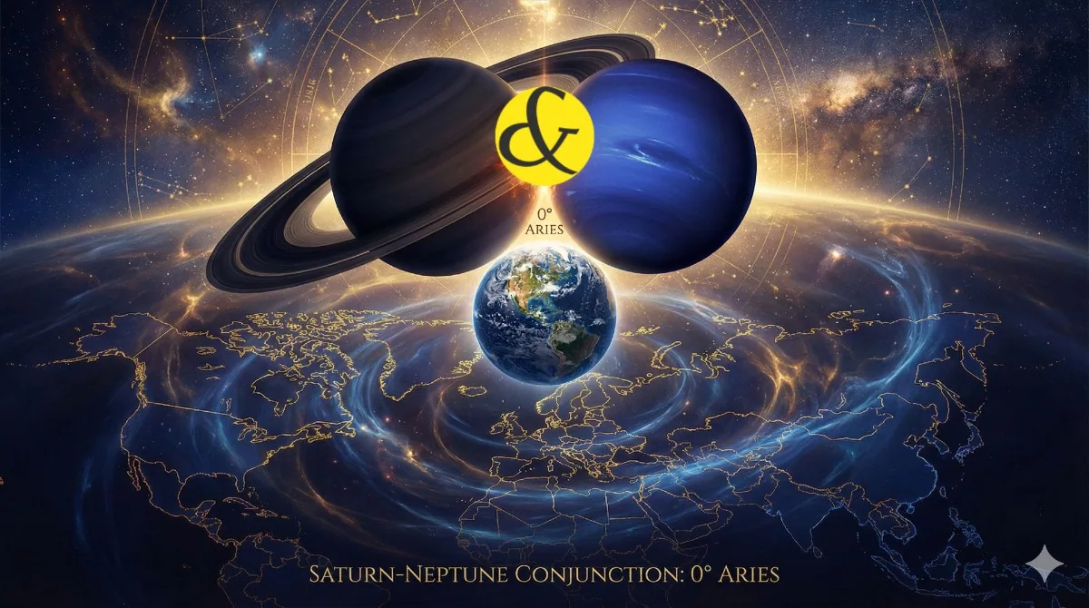 Saturn Neptune conjunction 2026 at 0 degree Aries symbolizing global reset and world transformation