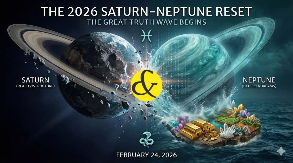 An astrological illustration of Saturn and Neptune colliding in the cosmic ocean of Pisces, with a background of dissolving binary code revealing gold and earth beneath, symbolizing the 2026 Truth Wave.