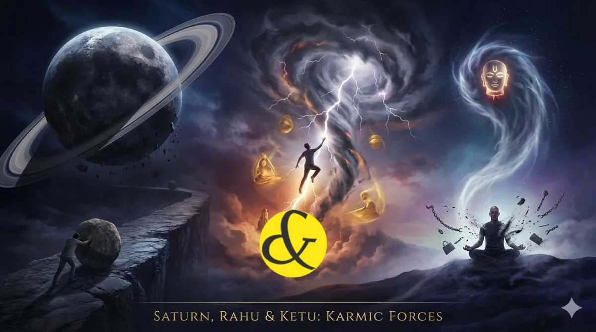An astrological infographic showing three distinct paths: a slow winding road (Saturn), a sudden lightning bolt (Rahu), and a pair of scissors cutting a rope (Ketu).