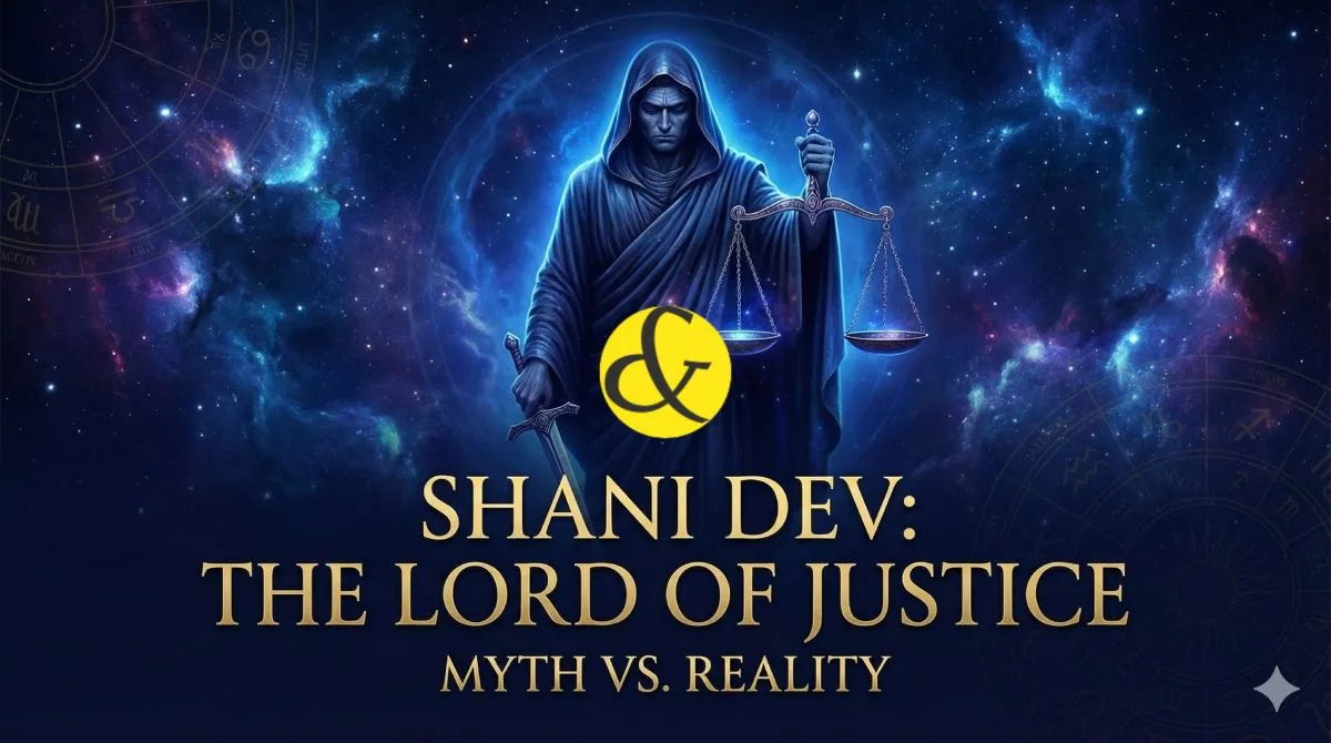 A mystical illustration of Shani Dev (Saturn) holding a sword of justice and scales, standing with a lowered gaze in a deep blue cosmic aura, symbolizing fair judgment and karma.