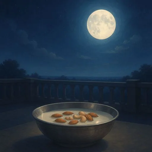 A silver bowl of milk with dry fruits kept under moonlight on a terrace during Sharad Purnima, symbolizing peace and spiritual energy.