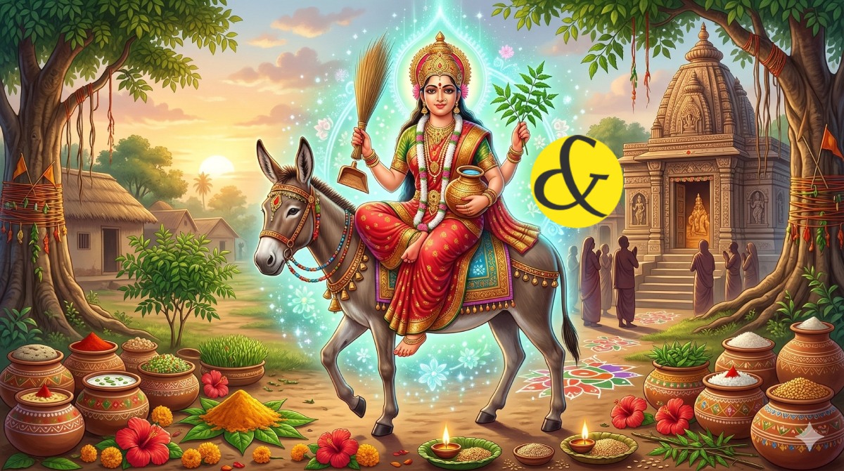Divine illustration of Goddess Sheetala Mata holding healing water and neem leaves, with traditional cold food offerings for Sheetala Saptami.